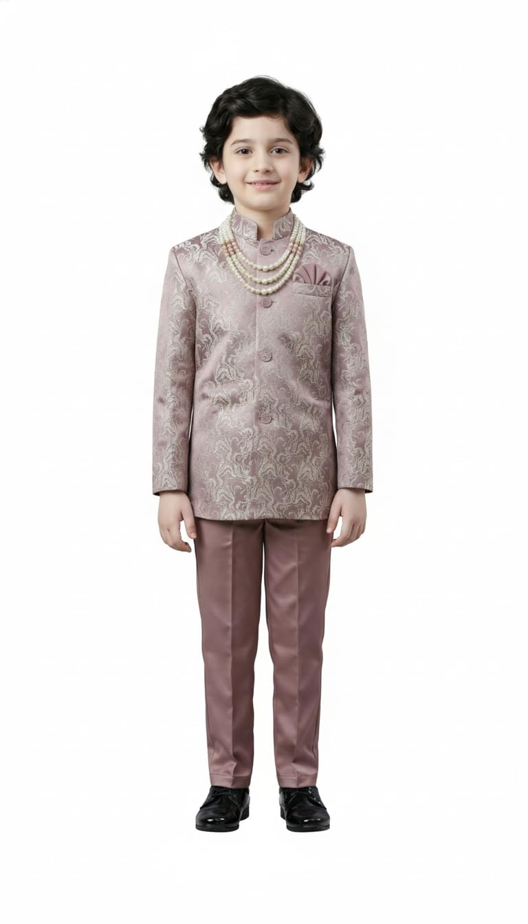 Boys Silk Blend Jacquard Floral Indo Western Sherwani Set with Trousers and Mala