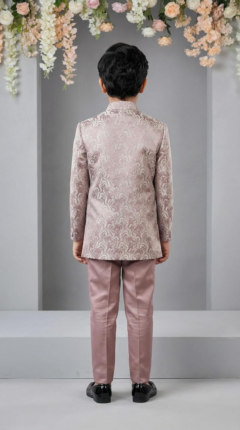 Boys Silk Blend Jacquard Floral Indo Western Sherwani Set with Trousers and Mala - Image 2