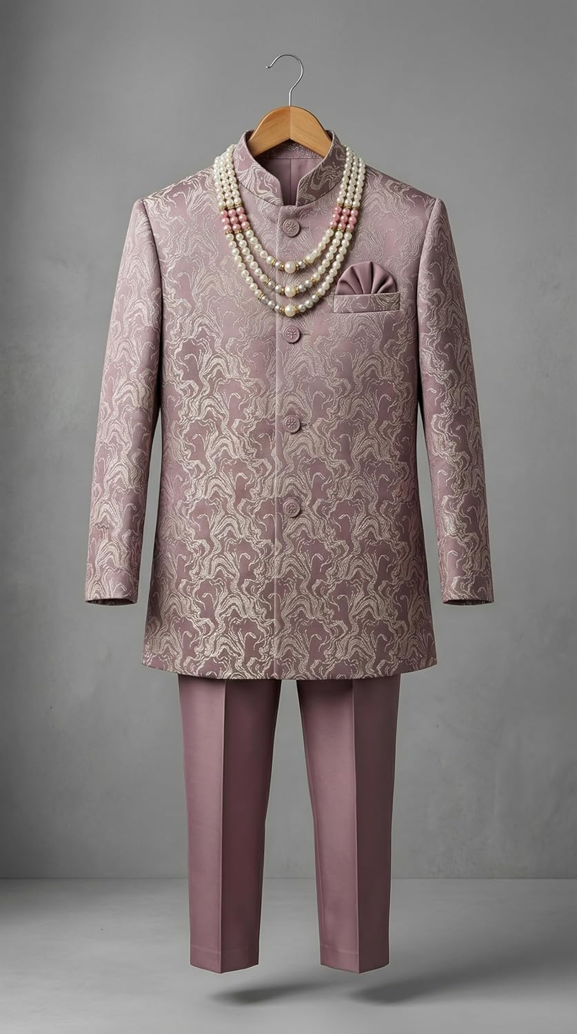 Boys Silk Blend Jacquard Floral Indo Western Sherwani Set with Trousers and Mala - Image 3