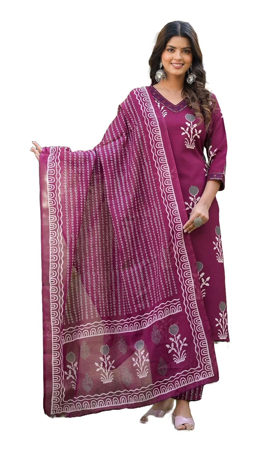 Women's Viscose Straight Printed Kurta And Pant Set With Dupatta